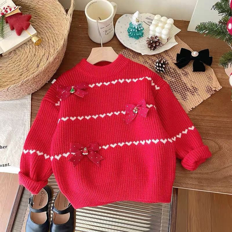 儿童冬季毛衣女童红色拜年服新款圣诞加厚蝴蝶结打底秋冬宝宝