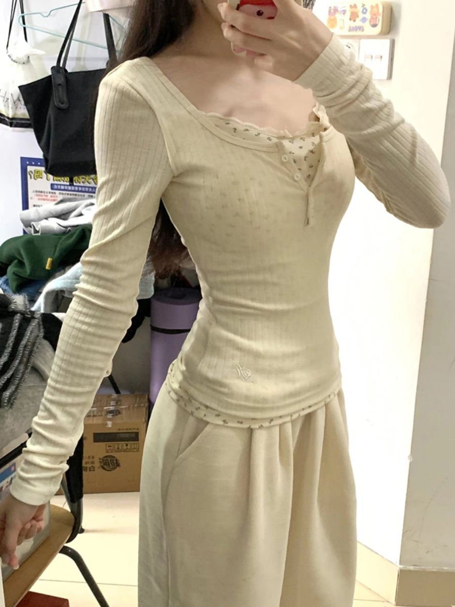 假兩件碎花打底衫女秋冬內搭修身收腰顯瘦甜辣妹短款緊身長袖上衣