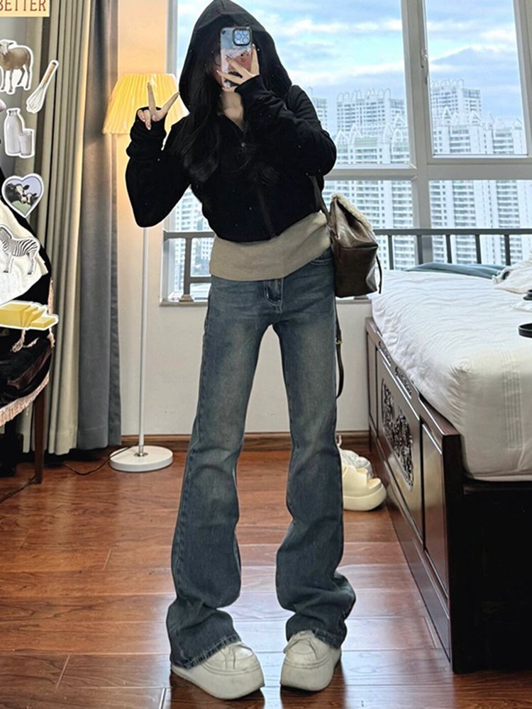 美式復古低腰微喇牛仔褲女秋冬新款寬鬆闊腿顯瘦直筒拖地喇叭褲子