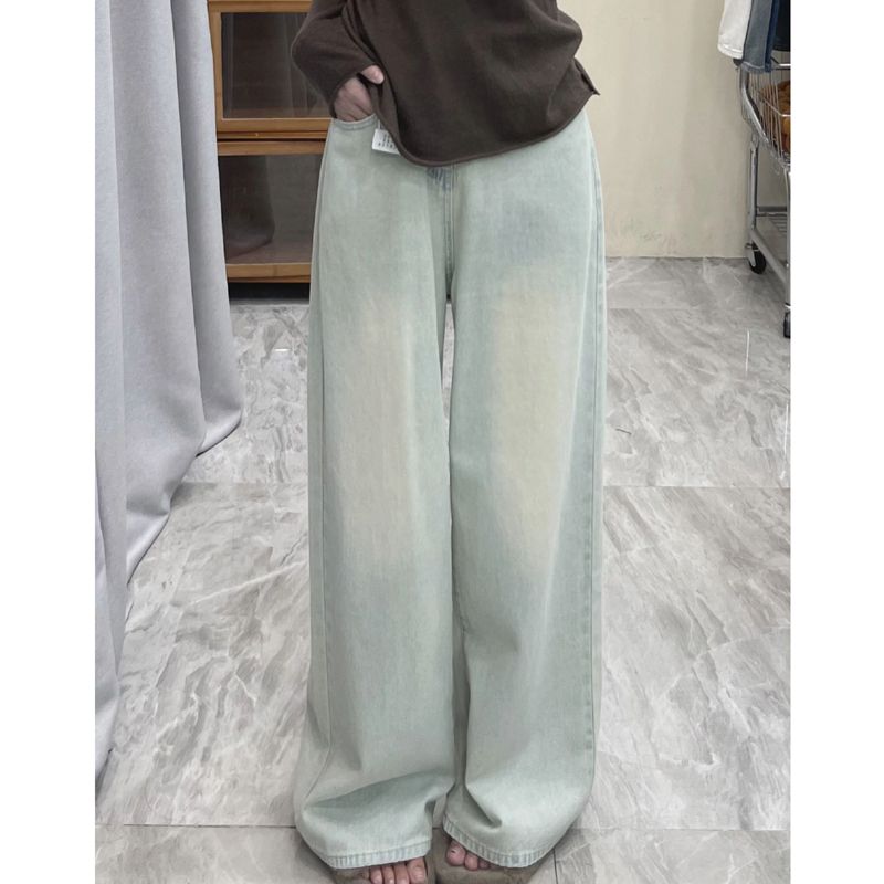 復古做舊淺色高腰闊腿牛仔褲女小個子辣妹直筒顯瘦垂感拖地長褲潮