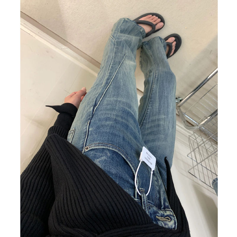 復古做舊淺色微喇叭牛仔褲女小個子高腰彈力直筒顯瘦馬蹄長褲ins