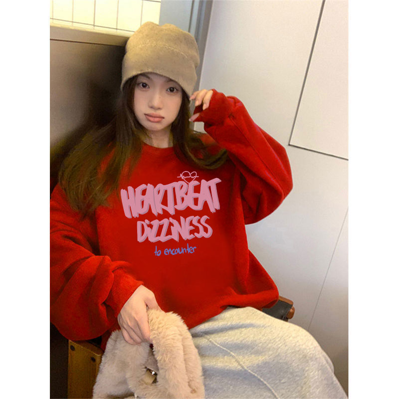 紅色加絨圓領衛衣女春秋款百搭oversize小個子美式復古印花上衣潮