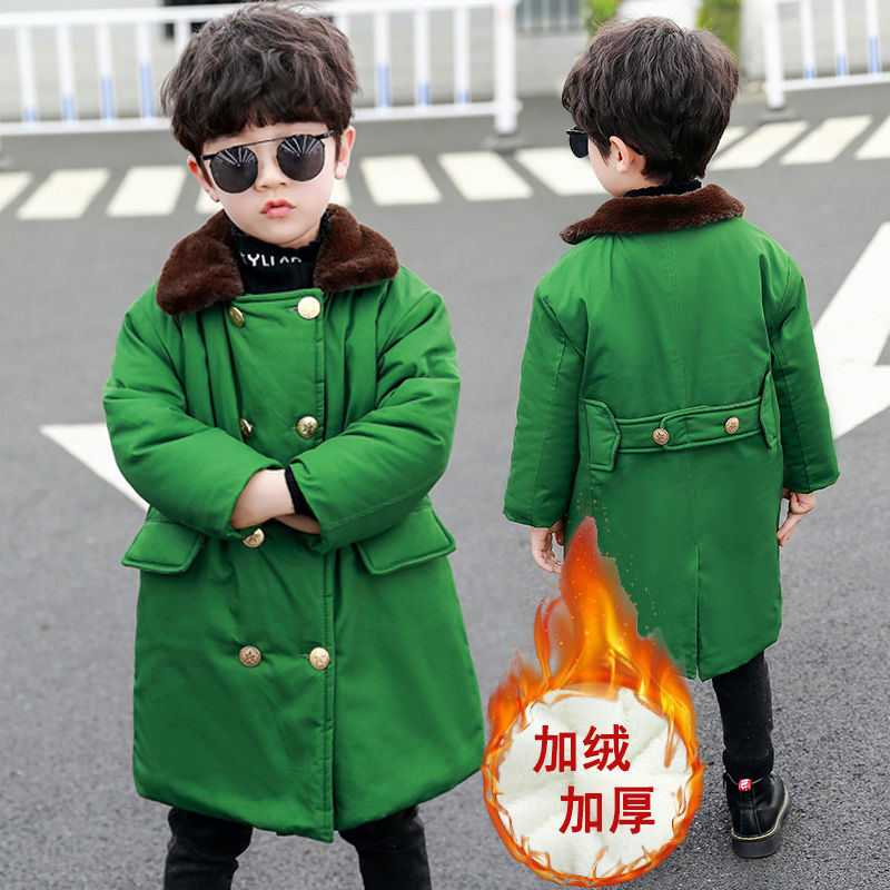 儿童加棉军绿色大衣保暖中长款宝宝冬季男童加厚复古外套棉衣加绒