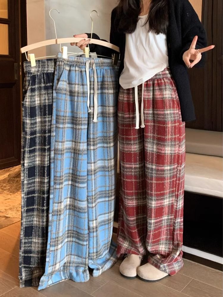 加厚紅色格子毛呢休閒褲男女秋冬直筒褲子復古寬鬆闊腿拖地長褲潮