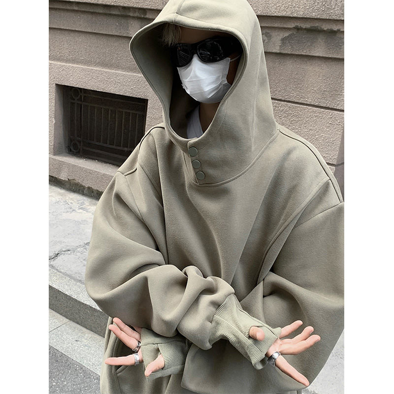 高領紐扣連帽衛衣男秋冬季高街vibe美式外套潮牌400g重磅硬挺衣服