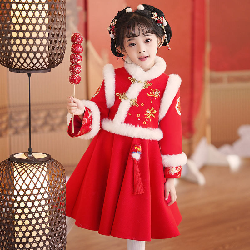 女童漢服冬裝加厚拜年服兒童中國風唐裝冬季新年服裙子古裝冬裙