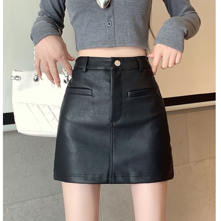  Autumn and Winter PU leather short skirt for women, high waist, slimming, anti-exposure, A-line, hip-hugging skirt, ins trend