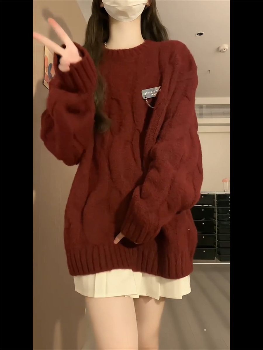 XJ家冬季聖誕紅色套頭毛衣女森系小個子減齡純色寬鬆軟糯針織衫