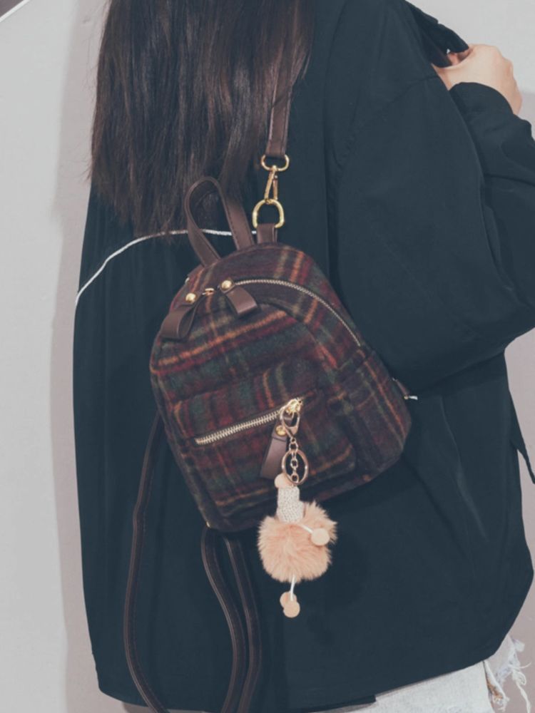 韓版迷你雙肩包女2023新款百搭格子時尚小背包爆款復古毛呢小書包