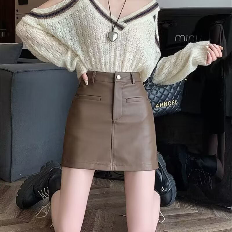  Autumn and Winter PU leather short skirt for women, high waist, slimming, anti-exposure, A-line, hip-hugging skirt, ins trend