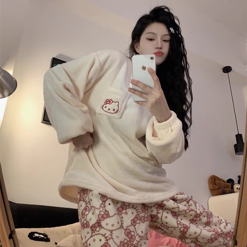 ins風珊瑚絨睡衣女冬季加絨加厚冬天網紅爆款甜美可愛家居服套裝