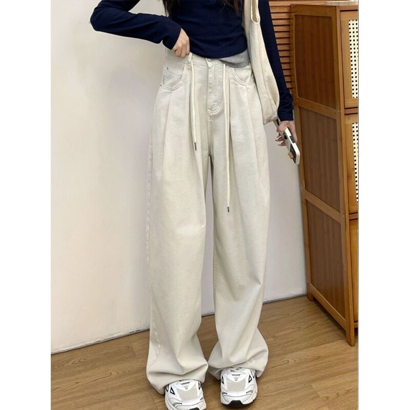 高個子175加長抽繩闊腿牛仔褲女秋冬新款高腰顯瘦休閒拖地褲子潮
