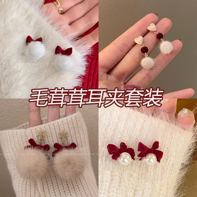 秋冬蝴蝶結耳釘絲絨紅色2023新款珍珠耳夾高級設計耳夾氣質
