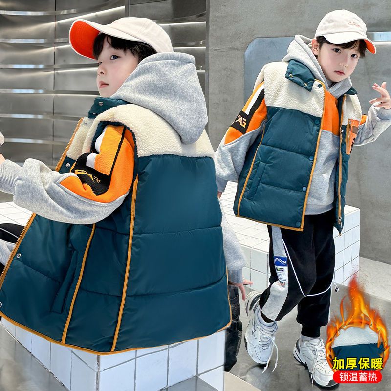 童装男童套装冬季新款中大童中国风小男孩冬季加厚保暖马甲三件套