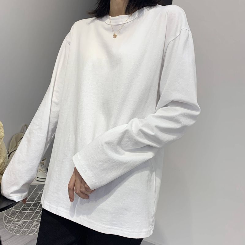 2023春秋新款白色t恤女長袖寬鬆韓版純色圓領內搭上衣純棉打底衫