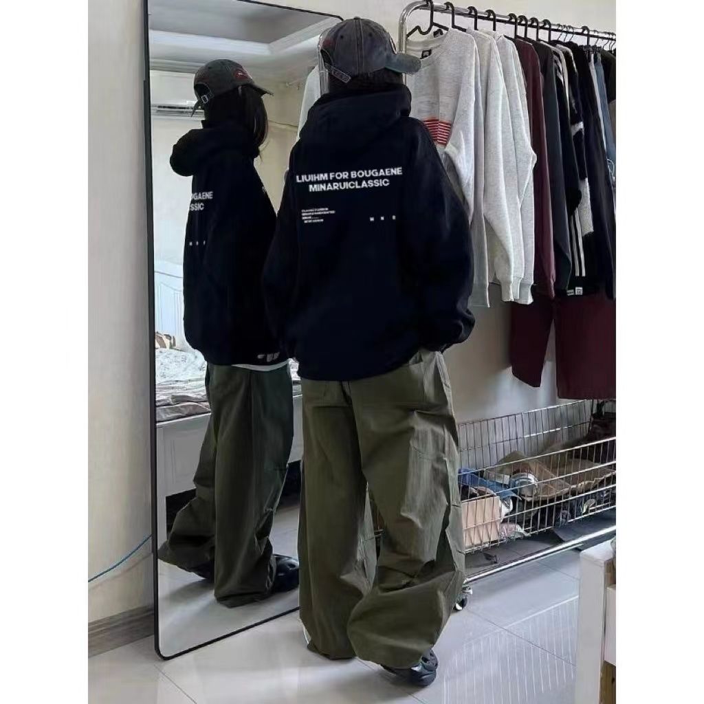 2023秋冬國潮美式字母連帽衛衣男女ins復古高街BF風加絨情侶帽衫