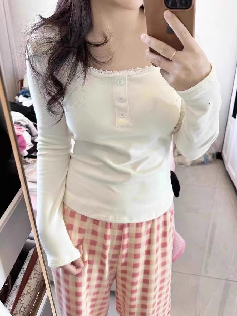 白色德絨蕾絲邊長袖t恤女秋冬季修身顯瘦內搭打底衫簡約百搭上衣