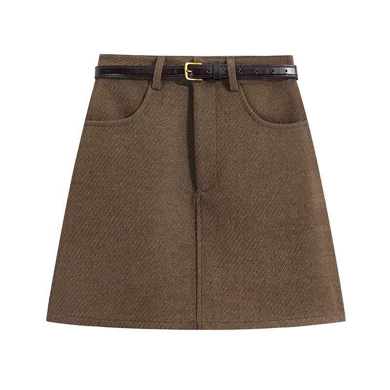 Gray woolen skirt autumn and winter thickened high-waisted slimming A-line skirt temperament hip-hugging short skirt for women