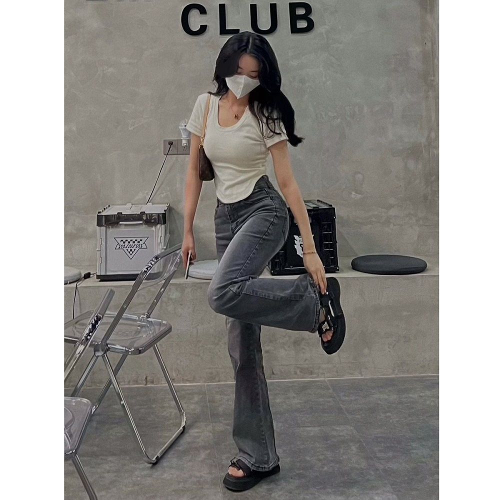 煙灰色高腰微喇叭牛仔褲女小個子韓版休閒顯瘦百搭拖地喇叭長褲潮