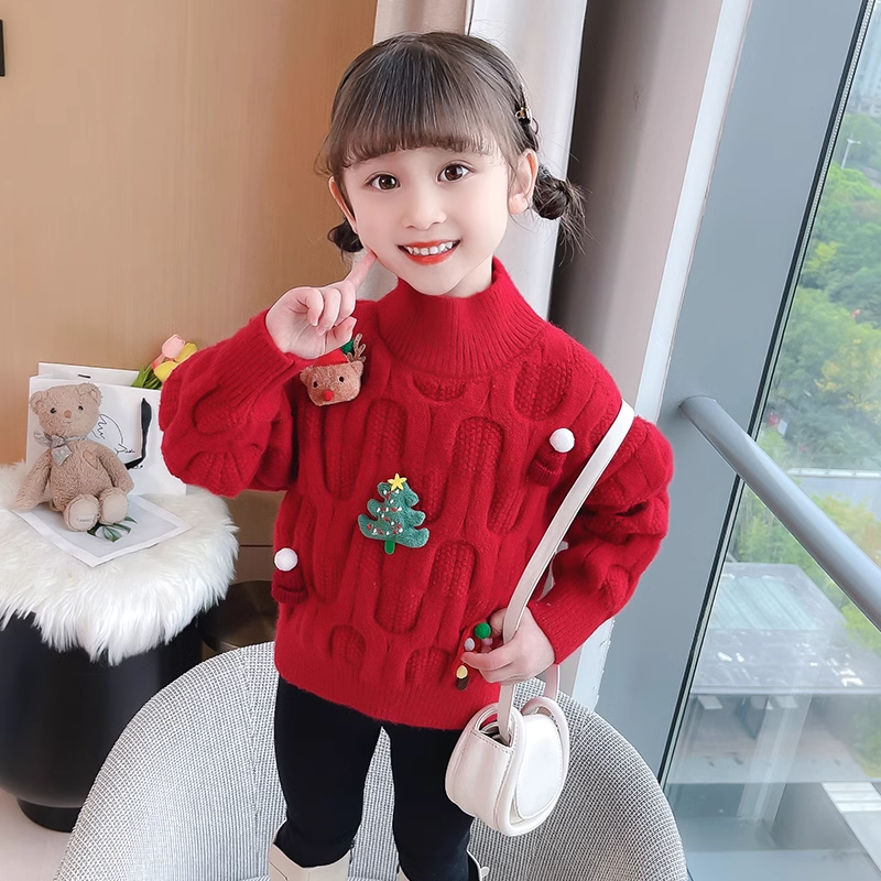 Girls Sweater Autumn and Winter  New Thick Western Style Children's Winter Clothes Baby Girl Red Christmas Knitted Bottoming Sweater