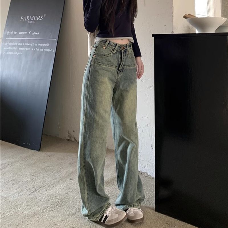 復古做舊直筒牛仔褲女小個子高腰寬鬆顯瘦拖地褲闊腿褲長褲ins潮