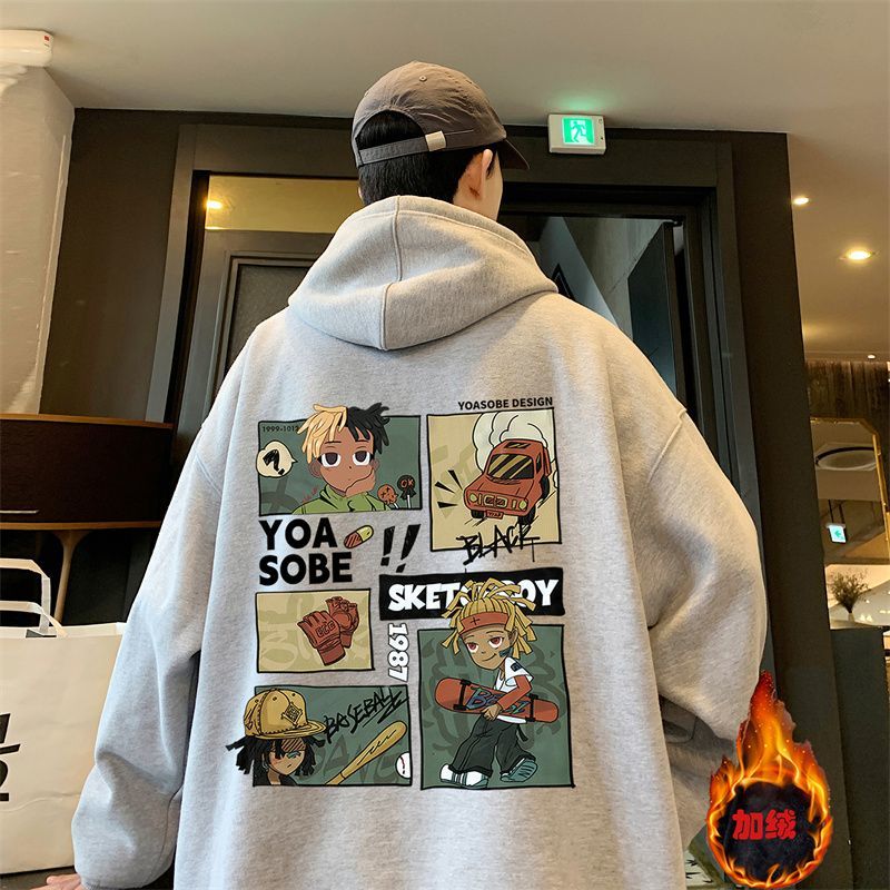 Plush velvet thickened sweatshirt for men in winter European and American high street fashion brand heavy hooded jacket autumn and winter American style clothes handsome