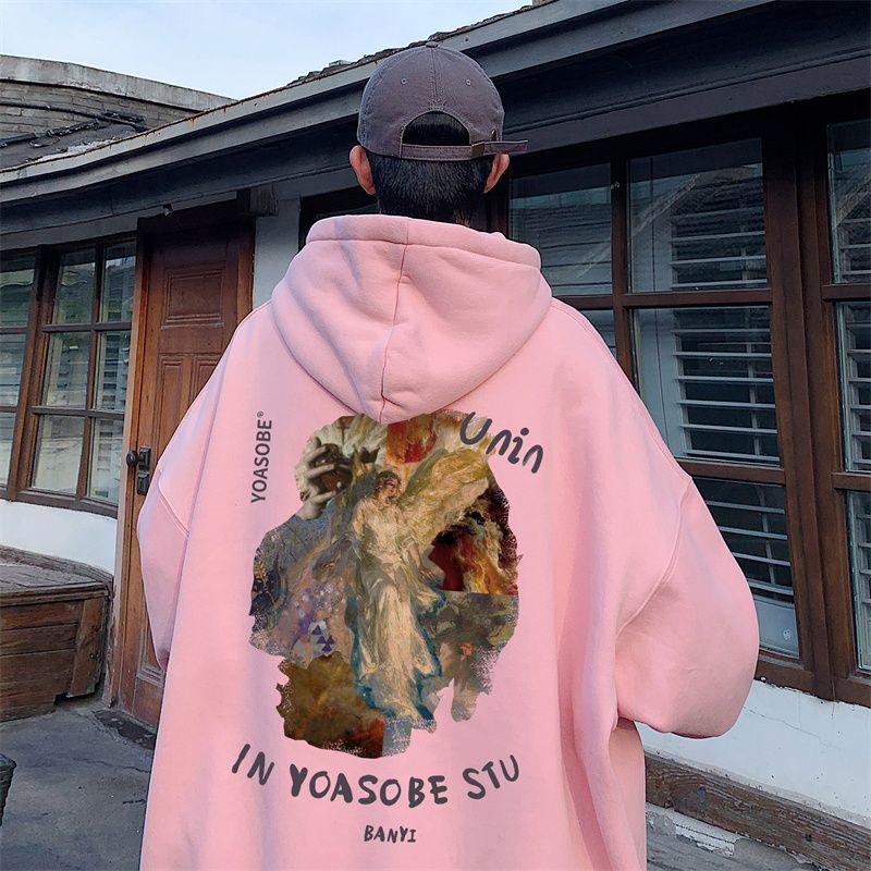 American retro oil painting hooded sweatshirt men's trendy autumn and winter velvet oversize top casual versatile jacket