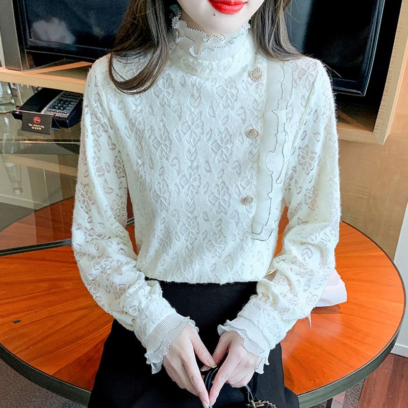 加絨加厚蕾絲打底衫女秋冬季2023新款內搭上衣法式高級感洋氣小衫