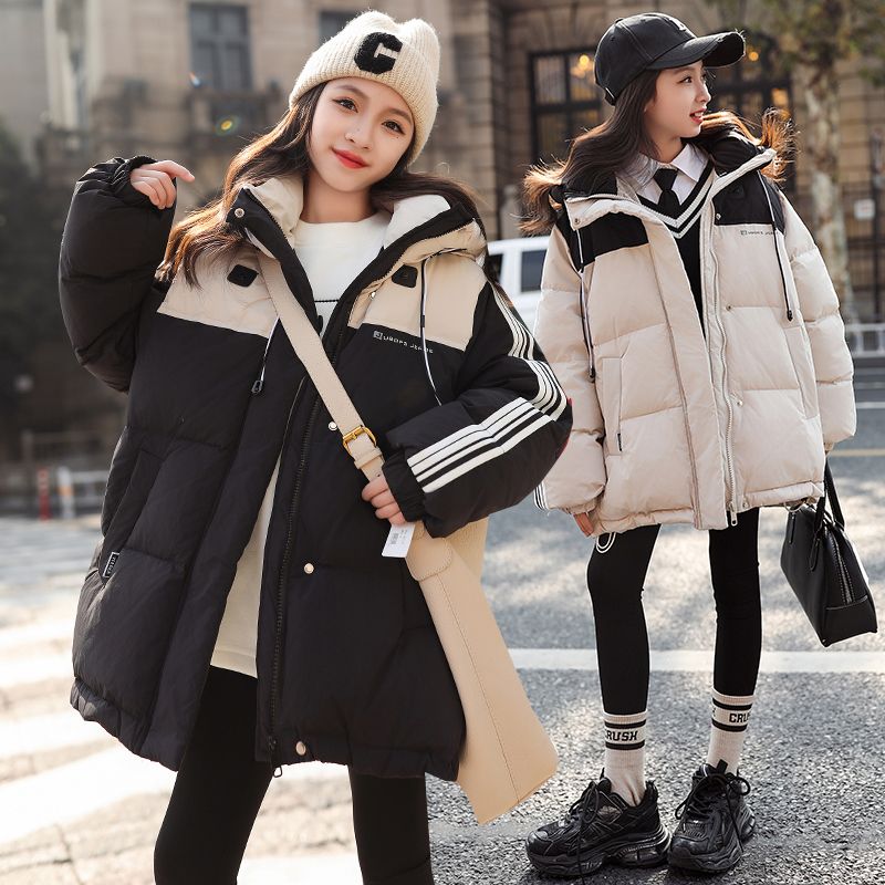 女童冬装棉衣2023新款韩版女孩拼色加厚连帽炸街中大童棉服外套