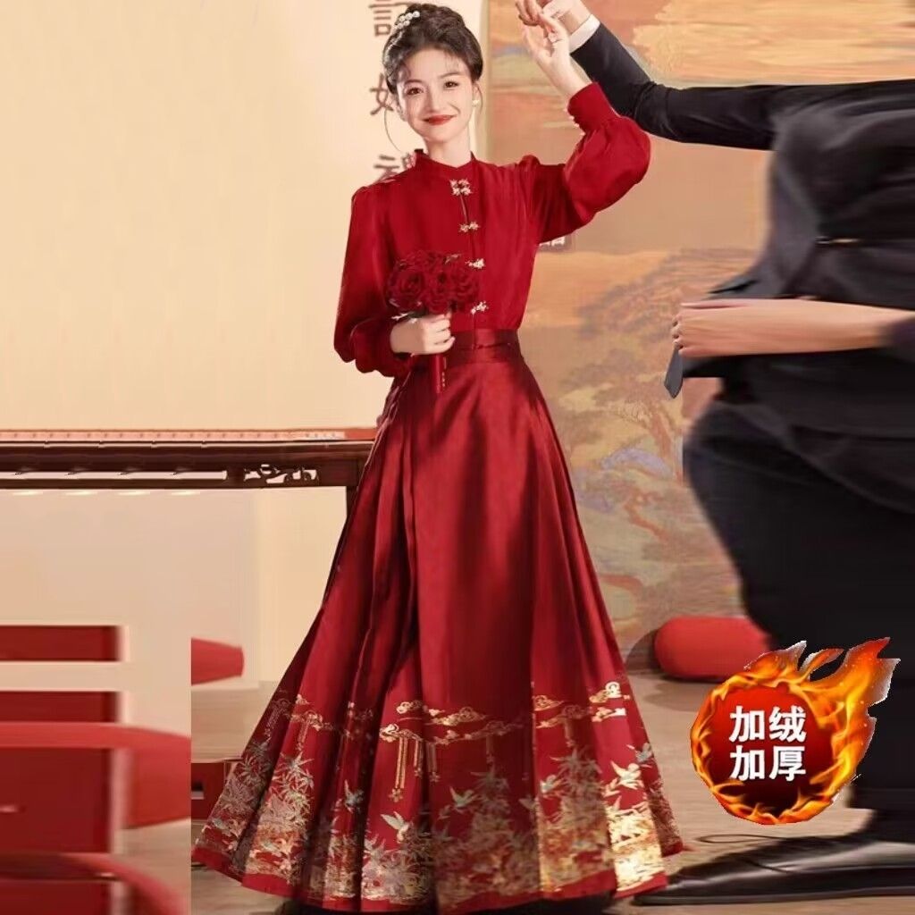 大碼胖mm紅色馬面裙敬酒服秋冬加絨厚新娘中式訂婚禮服套裝200斤