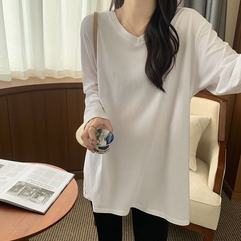 長袖t恤女100%純棉春秋新款寬鬆顯瘦秋裝設計感上衣韓版打底衫V領