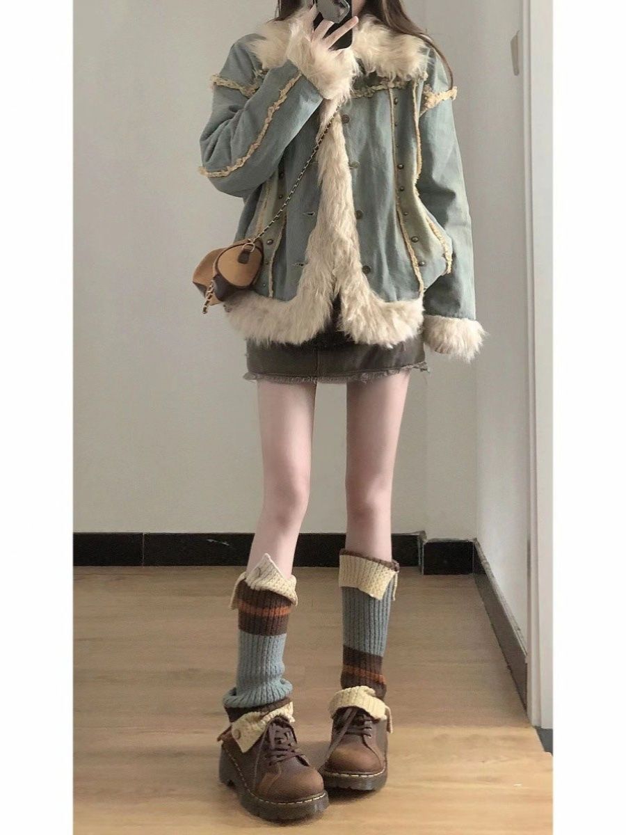 Lamb wool denim stitching fur coat for women winter loose student versatile plus velvet thickened retro quilted cotton jacket