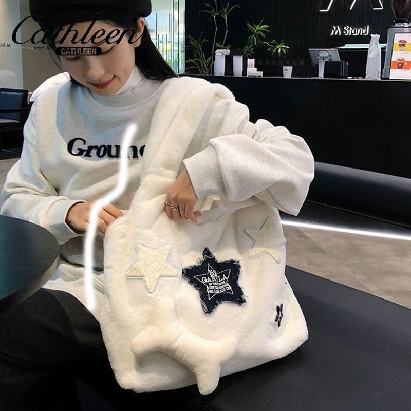 Cute star plush student large-capacity furry shoulder bag Japanese style high-looking niche girl tote