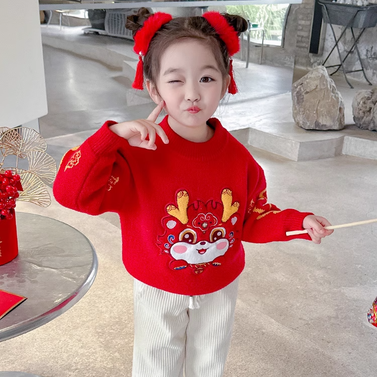 儿童加厚保暖红色龙年绣花毛衣幼儿园宝宝元旦舞蹈表演服新年装冬