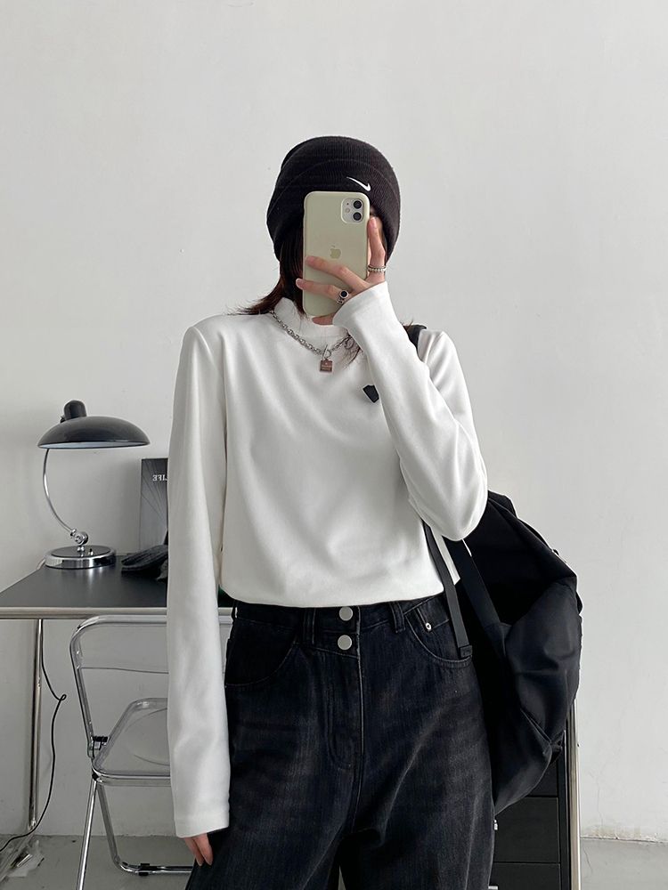 加絨加厚半高領打底衫女秋冬內搭保暖設計感小眾冬厚中領t恤上衣
