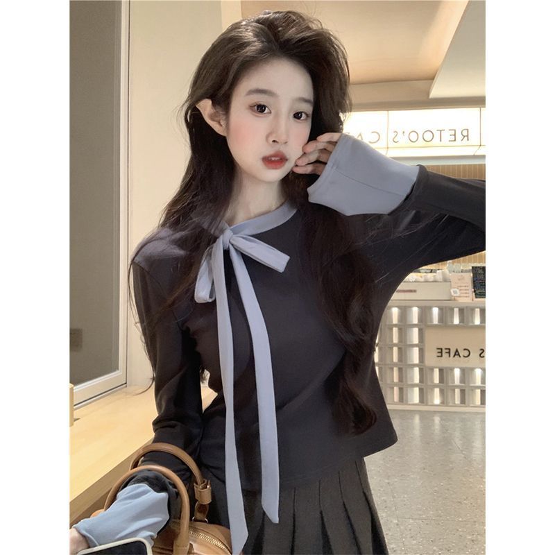 溫柔風長袖T恤女秋冬2023新款蝴蝶結假兩件設計感修身顯瘦打底衫