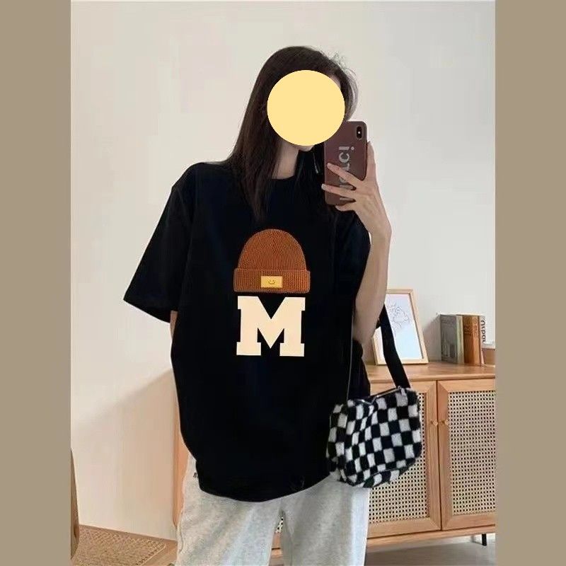 100%純棉黑色設計圓領短袖T恤女小眾夏季美式復古上衣ins潮