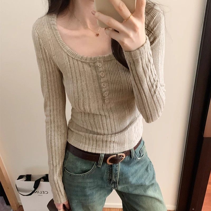 美式復古U領紐扣修身顯瘦長袖T恤女裝秋冬新款坑條百搭打底衫上衣