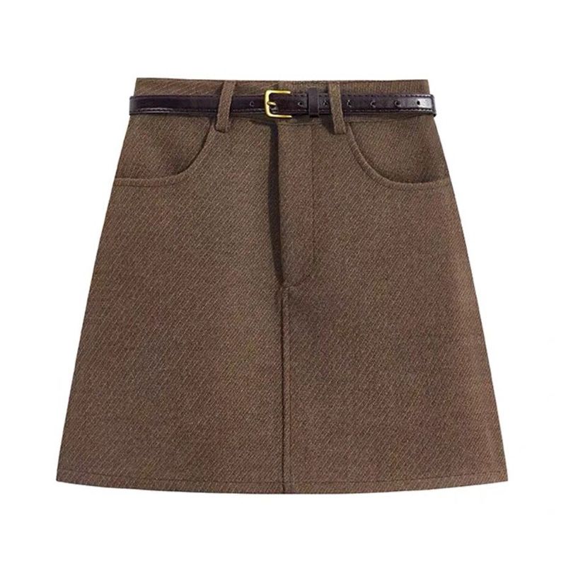 Gray woolen skirt autumn and winter thickened high-waisted slimming A-line skirt temperament hip-hugging short skirt for women