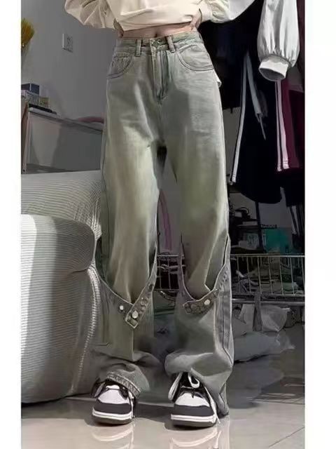 美式復古高腰闊腿牛仔褲女秋冬新款寬鬆顯瘦百搭直筒拖地長褲子潮
