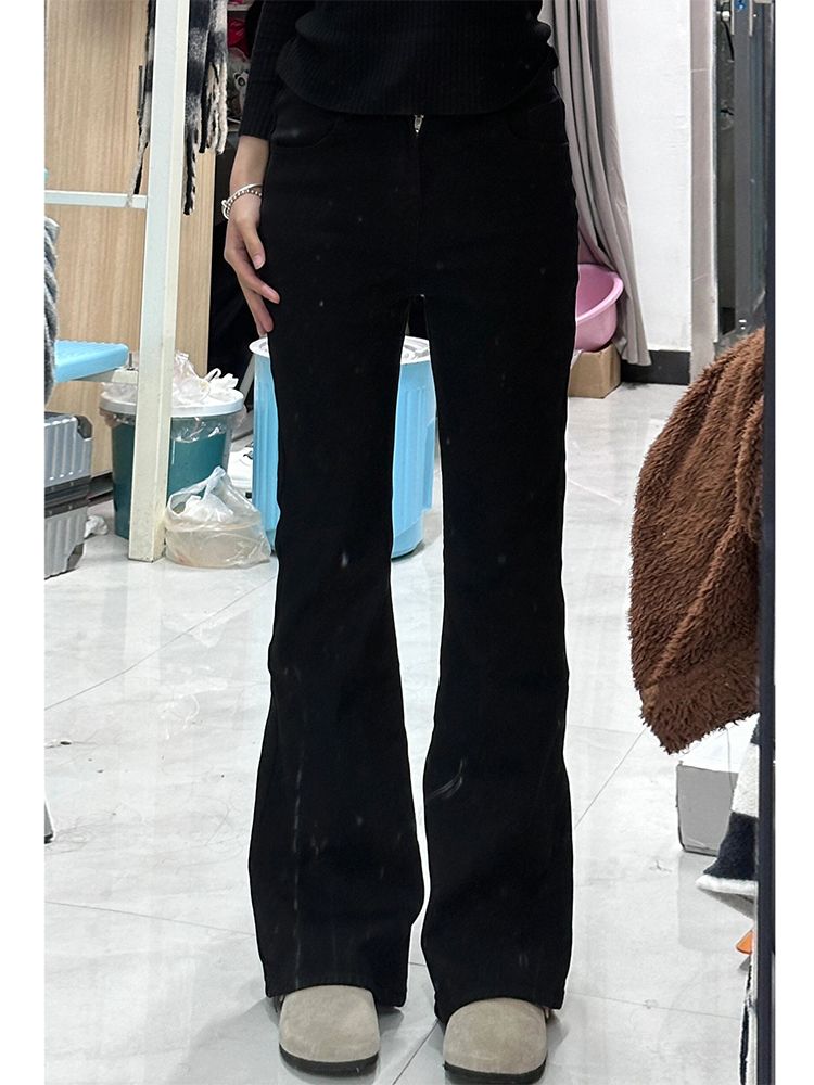 黑色微喇牛仔褲女冬季新款梨形身材彈力修身遮胯顯瘦直筒喇叭褲子