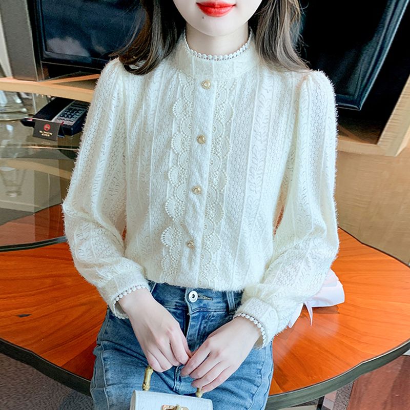 立領加絨襯衫女秋冬季2023新款別致時尚內搭蕾絲上衣高端洋氣小衫