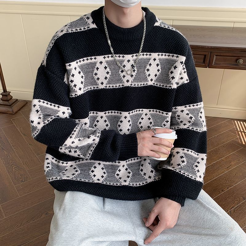 Diamond plaid knitted sweater for men in autumn and winter, American retro lazy style sweater, light mature style, thickened loose jacket, trendy