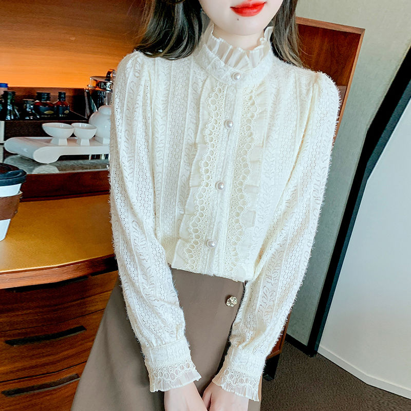 木耳邊加絨蕾絲打底衫女秋冬2023新款秋季立領襯衫長袖內搭上衣