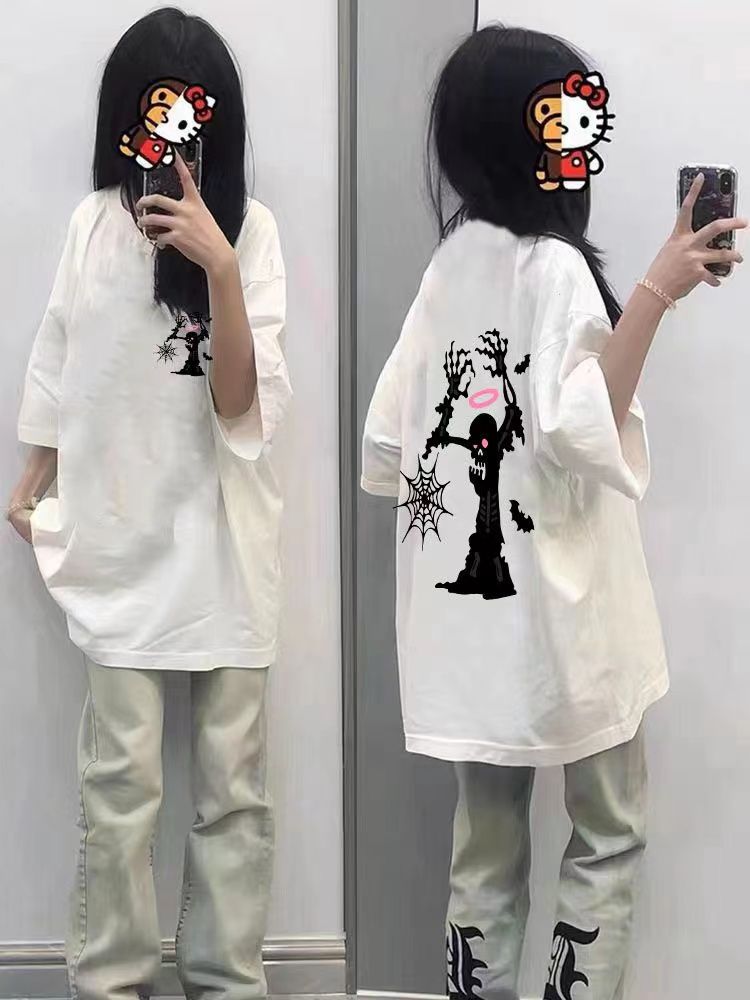 100%純棉惡魔印花短袖T恤男女學生韓版寬鬆美式復古時尚休閒百搭