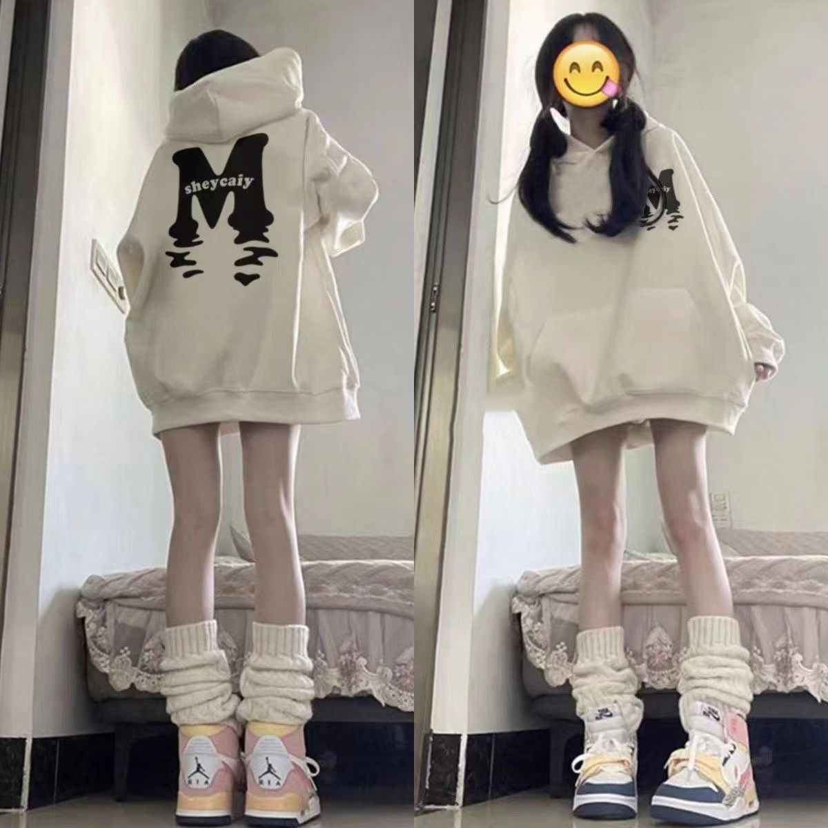 美系連帽衛衣女小眾字母設計oversize秋冬加絨加厚情侶款衛衣男