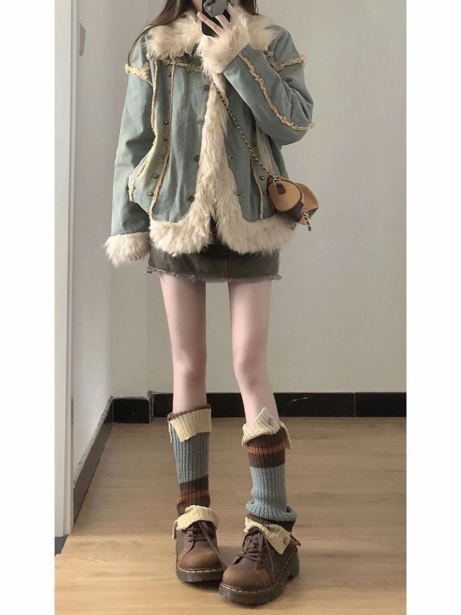 Lamb wool denim stitching fur coat for women winter loose student versatile plus velvet thickened retro quilted cotton jacket