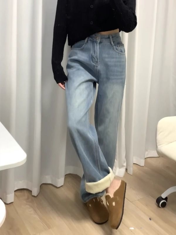 加絨加厚直筒牛仔褲女冬季新款梨形身材顯瘦大碼淺色窄版闊腿褲