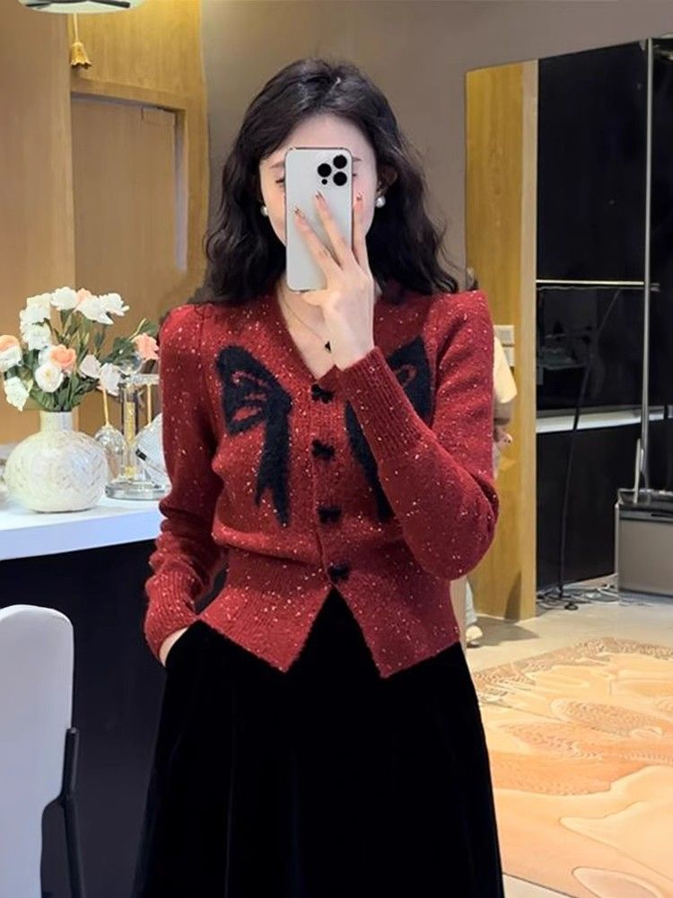 Red short cardigan sweater jacket for women  new hot style autumn and winter small fragrance v-neck sweater top