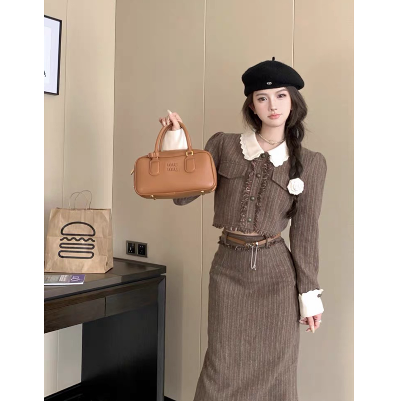 小香風條紋呢子短外套美拉德穿搭套裝女秋冬流蘇半身裙長裙兩件套